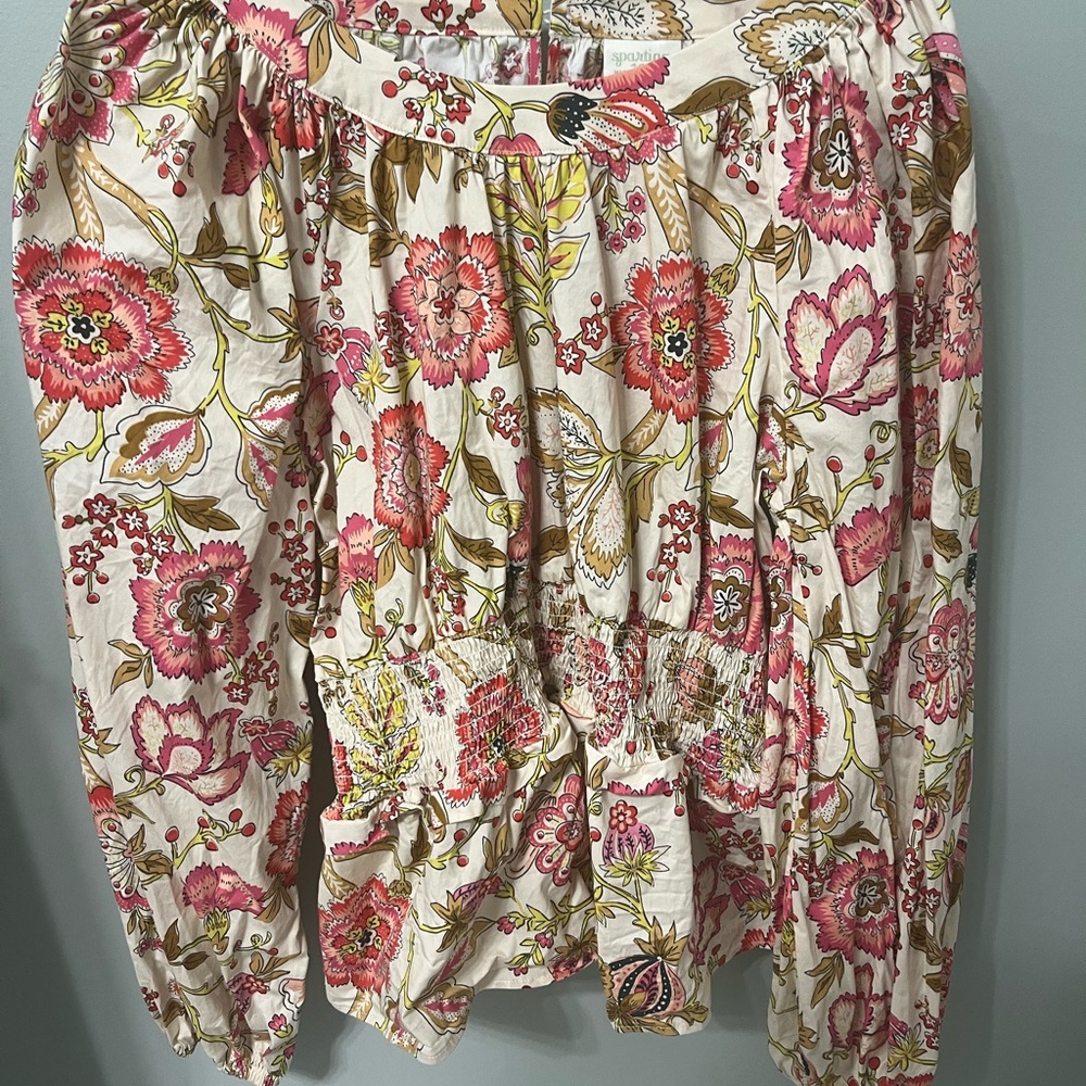 Spartina 449 Cream Floral Blouse with Pink and Green Accents